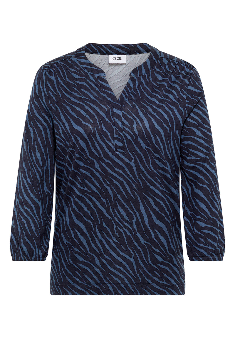 Minimal Print Split Neck Tunic - Urban Dark Blue