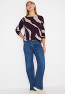 Big Print Feather Yarn T-Shirt - Eggplant Red