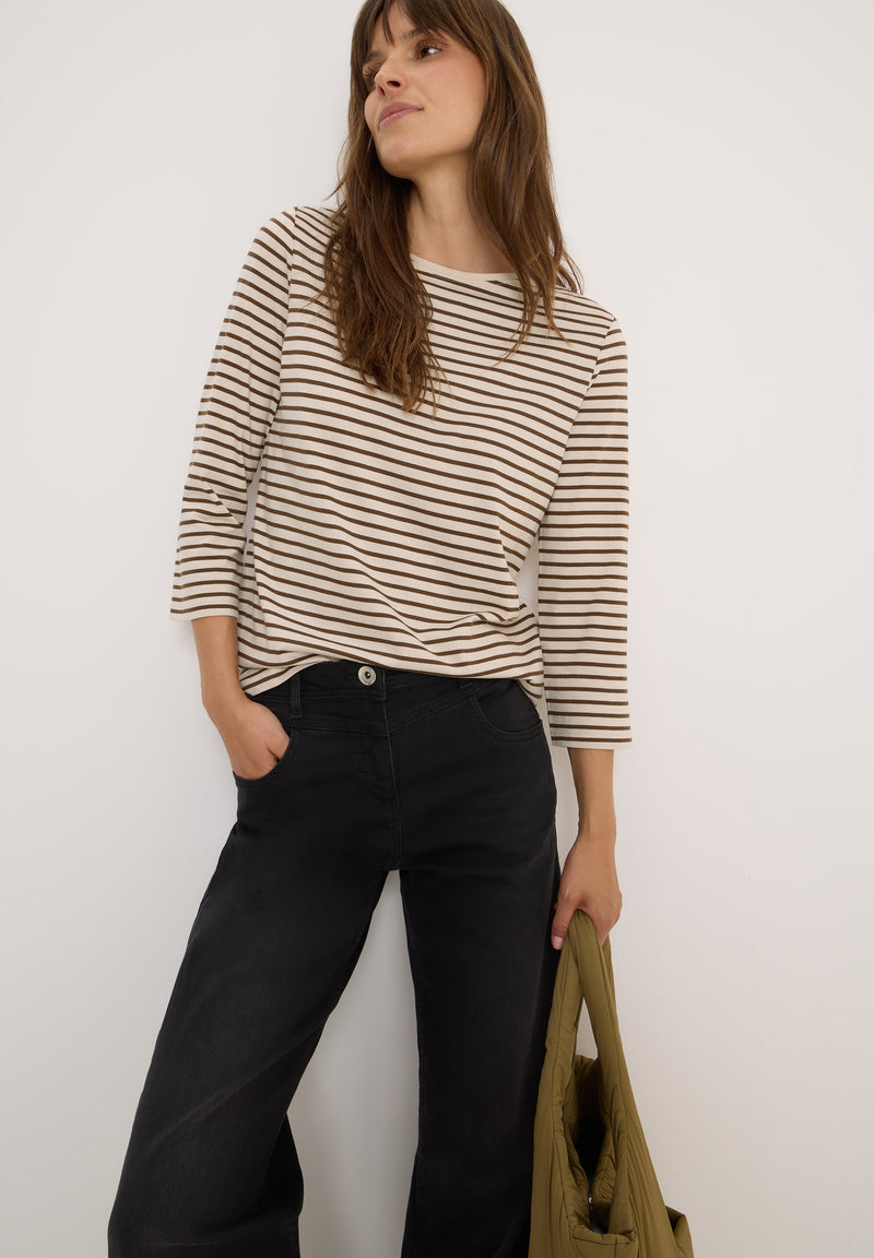 Basic Stripe Boatneck T-shirt - Oat Milk Beige