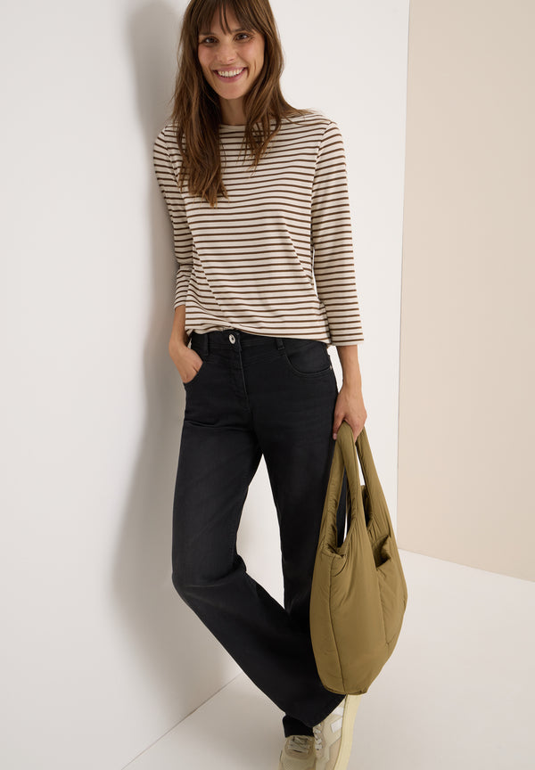 Basic Stripe Boatneck T-shirt - Oat Milk Beige