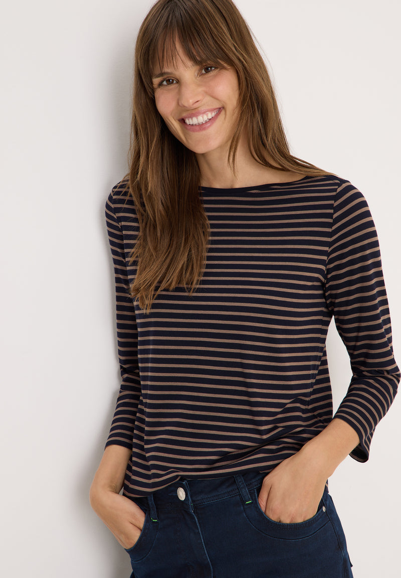 Basic Stripe Boatneck T-shirt - Urban Dark Blue Cocoa Taupe
