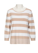 Stripe 3/4 Slv Round Neck Jumper - Sand Melange