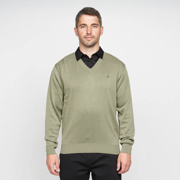 Plain V Neck Jumper - Olive