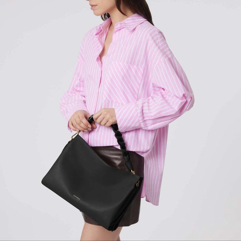 Double Grainy Leather Handbag  Medium - Black/brown