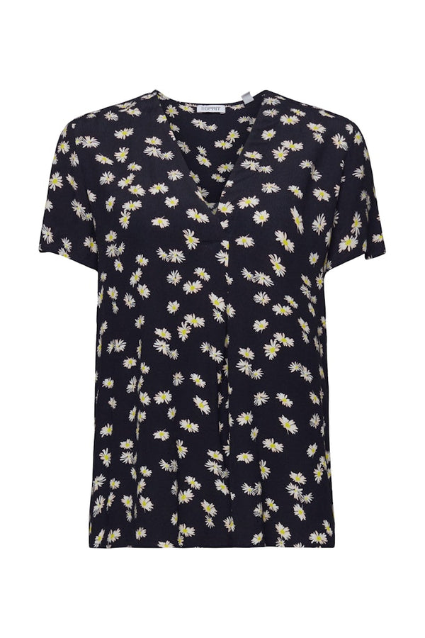Casual Printed V-Neck Blouse - Navy