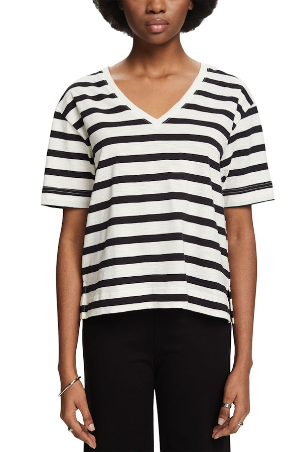 Casual Stripe V Neck T-Shirt - Black