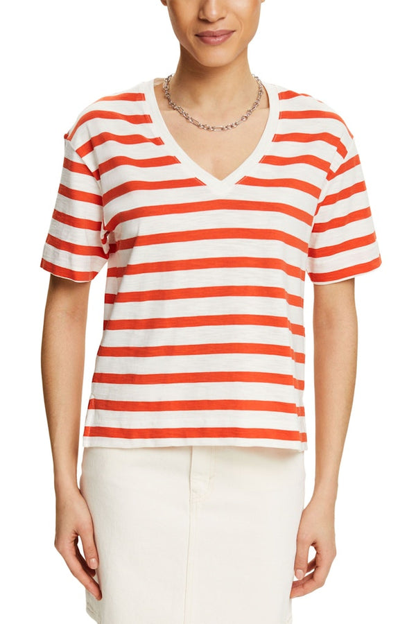 Casual Stripe V Neck T-Shirt - Bright Orange
