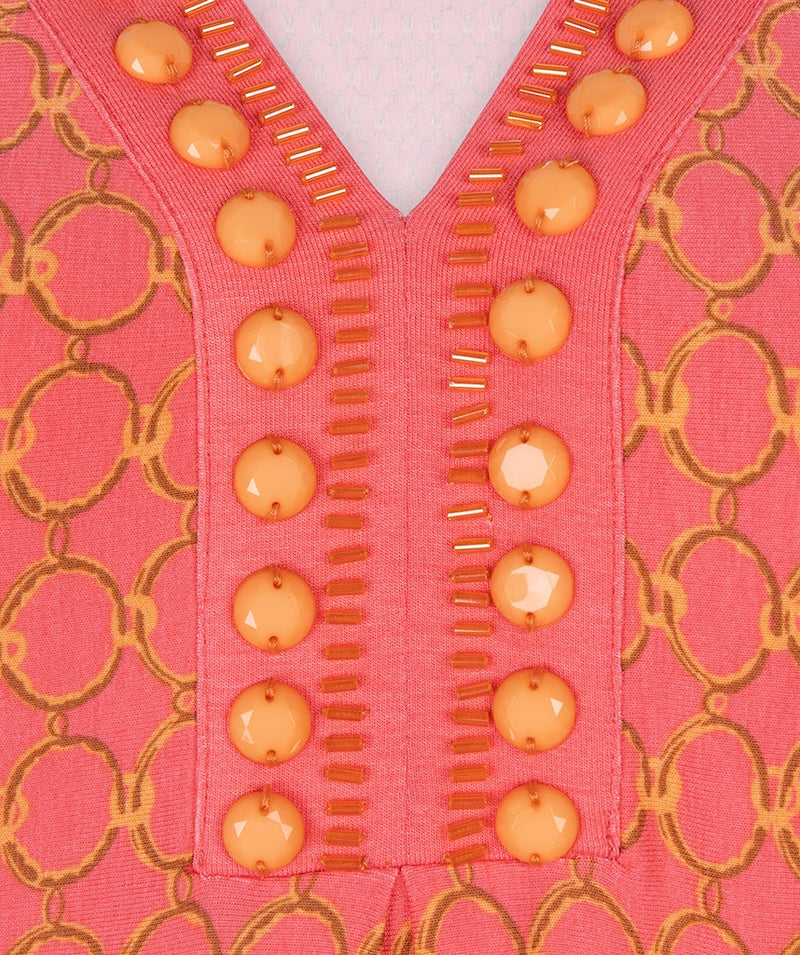 Beads V Neck Dress - Print