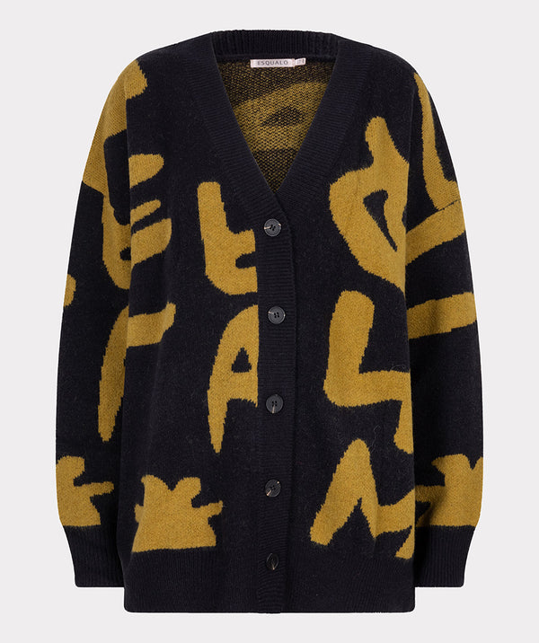 Intarsia Letters Cardigan - Black/golden Olive