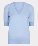 V Neck Gathered Sleeve Jumper - Sky Blue