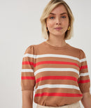 Puff Sleeve Stripe Jumper - Cappuccino