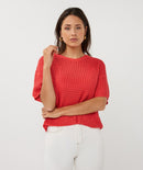 Open Knit Short Sleeve Jumper - Chili Red