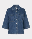Short Sleeve Stud Denim Blouse - Jeans Blue
