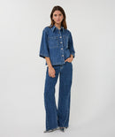 Short Sleeve Stud Denim Blouse - Jeans Blue