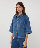 Short Sleeve Stud Denim Blouse - Jeans Blue