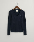 Stretch Cotton Cable V Neck Jumper - Evening Blue