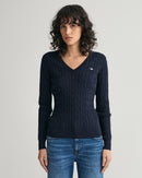 Stretch Cotton Cable V Neck Jumper - Evening Blue