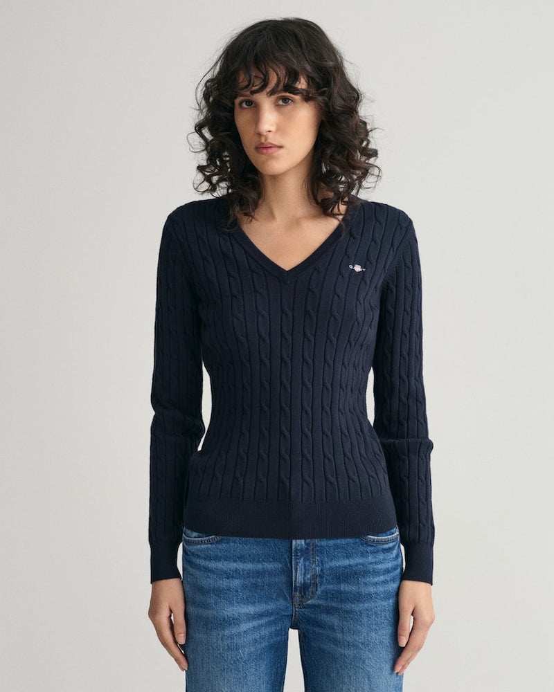 Stretch Cotton Cable V Neck Jumper - Evening Blue