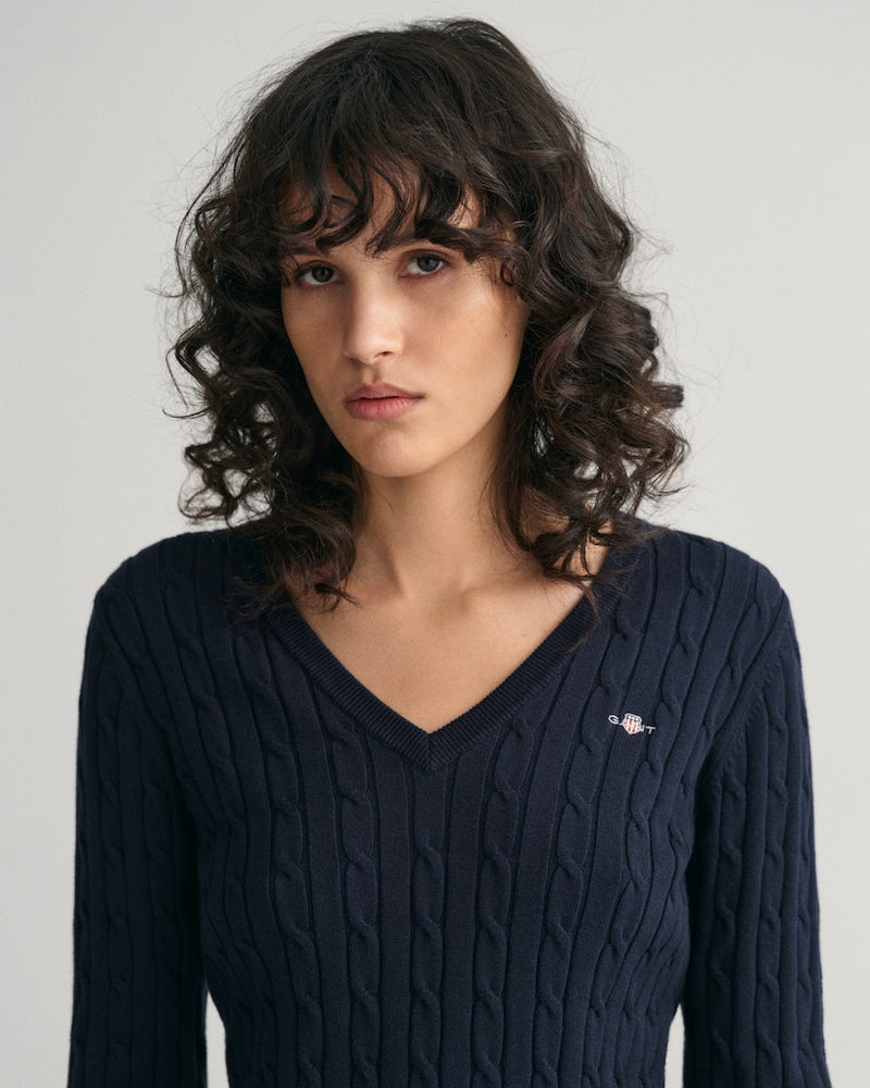Stretch Cotton Cable V Neck Jumper - Evening Blue