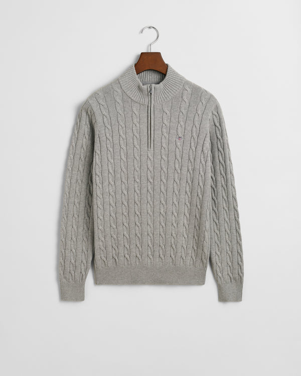 Cotton Cable Half Zip Sweatshirt - Grey Melange