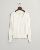 Stretch Cotton Cable V Neck Jumper - Eggshell
