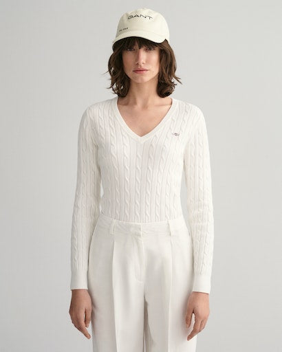 Stretch Cotton Cable V Neck Jumper - Eggshell