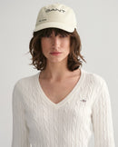 Stretch Cotton Cable V Neck Jumper - Eggshell