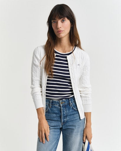 Stretch Cotton Cable Knit Cardigan - Eggshell