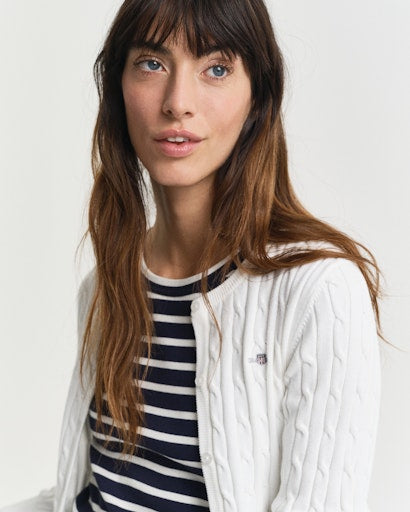Stretch Cotton Cable Knit Cardigan - Eggshell
