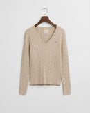 Stretch Cotton Cable V Neck Jumper - Seed Melange