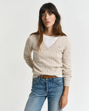 Stretch Cotton Cable V Neck Jumper - Seed Melange
