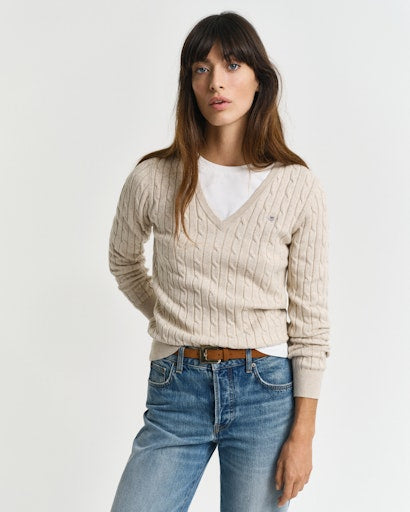 Stretch Cotton Cable V Neck Jumper - Seed Melange