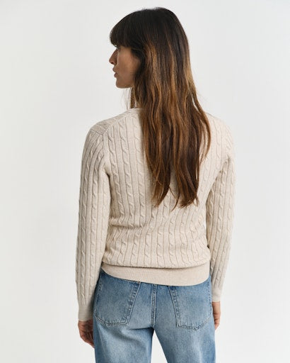 Stretch Cotton Cable V Neck Jumper - Seed Melange
