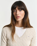 Stretch Cotton Cable V Neck Jumper - Seed Melange
