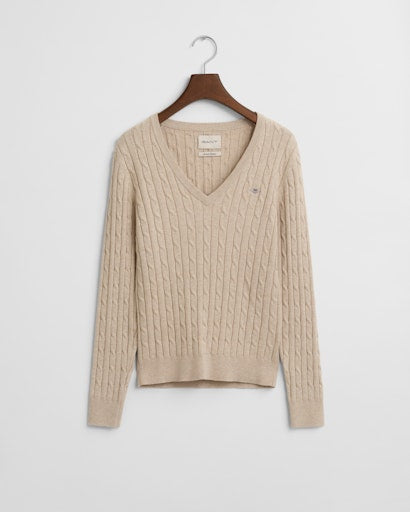 Stretch Cotton Cable V Neck Jumper - Seed Melange