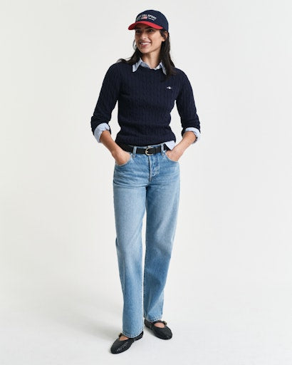 Stretch Cable Round Neck Jumper - Evening Blue