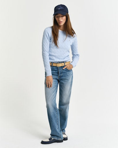 Stretch Cable Round Neck Jumper - Fresh Blue