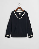 Lambswool Contrast V Neck Jumper - Evening Blue