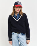 Lambswool Contrast V Neck Jumper - Evening Blue