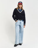 Lambswool Contrast V Neck Jumper - Evening Blue