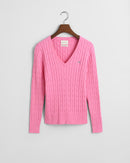 Stretch Cotton Cable V Neck Jumper - Candy Pink
