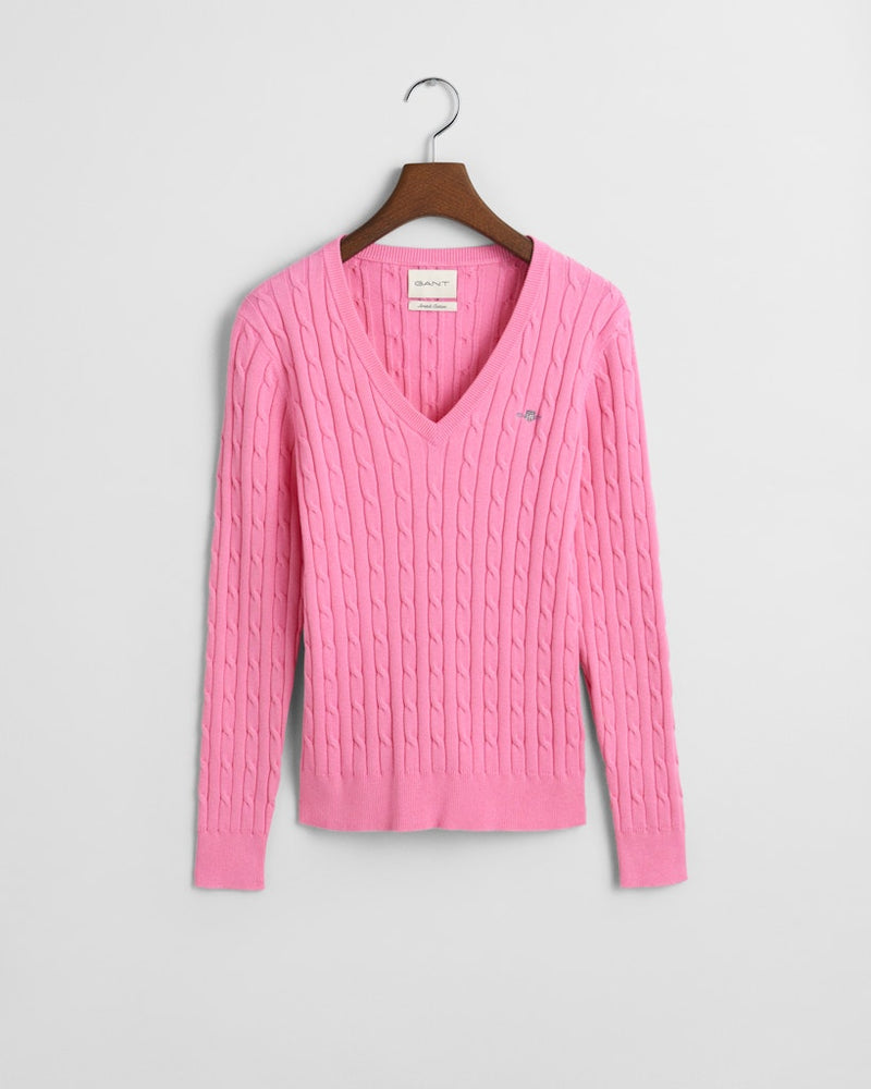 Stretch Cotton Cable V Neck Jumper - Candy Pink