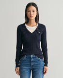 Stretch Cotton Cable V Neck Jumper - Evening Blue