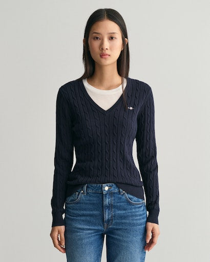 Stretch Cotton Cable V Neck Jumper - Evening Blue