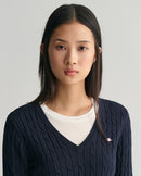 Stretch Cotton Cable V Neck Jumper - Evening Blue