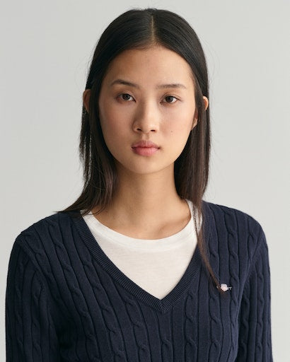 Stretch Cotton Cable V Neck Jumper - Evening Blue