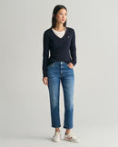 Stretch Cotton Cable V Neck Jumper - Evening Blue