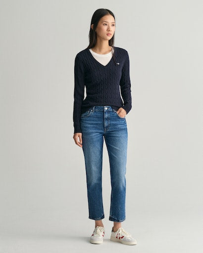 Stretch Cotton Cable V Neck Jumper - Evening Blue