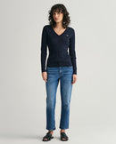 Stretch Cotton Cable V Neck Jumper - Evening Blue