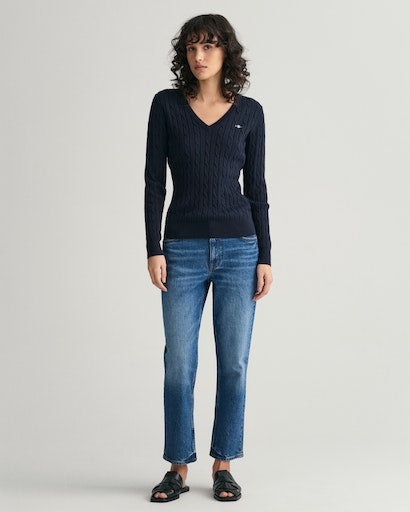 Stretch Cotton Cable V Neck Jumper - Evening Blue